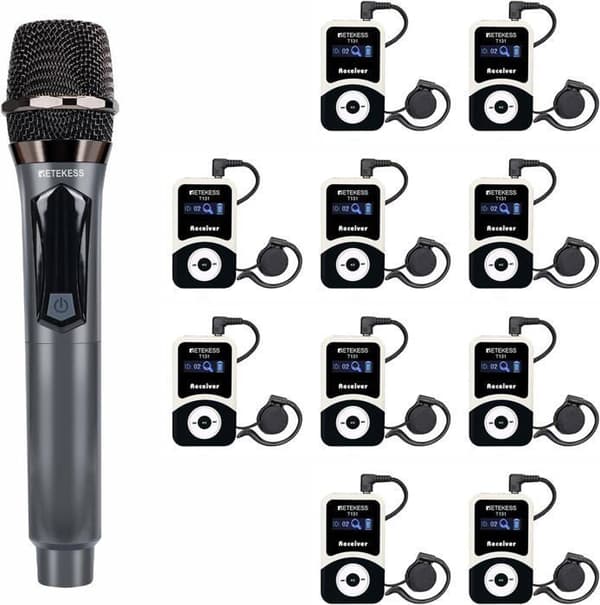 Retecess T131 Wireless Tour Guide System, 100m/328ft Audio Whisper, Mikrofon, 10 mottagare, 18 timmars standby