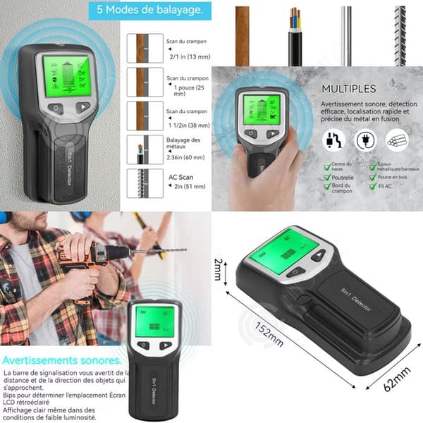 INN 5 i 1 väggdetektor 152x62x28mm väggmaterialdetektor för trä metalldubbsdetektor med LCD-skärm
