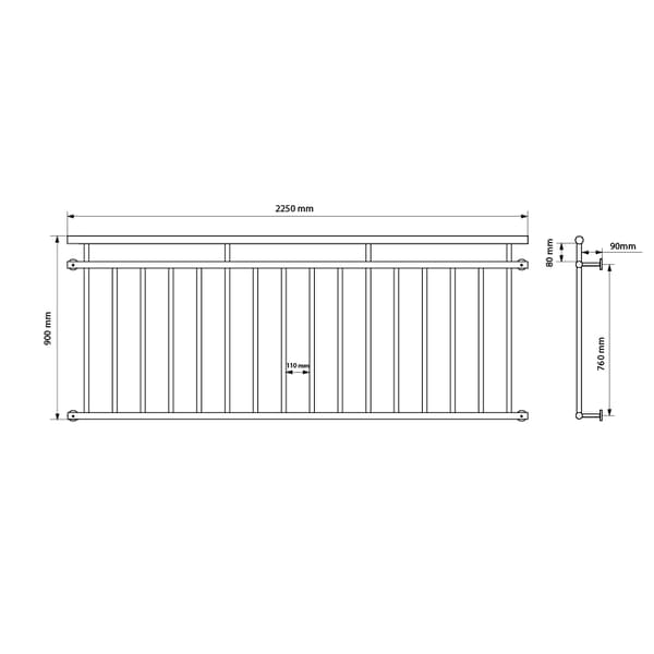 ECD Germany fransk altan 225 x 90 cm | 16 tværbjælker | genspejlende | rustfrit stål | Balkon rækværk balkon rækværk vindue barer