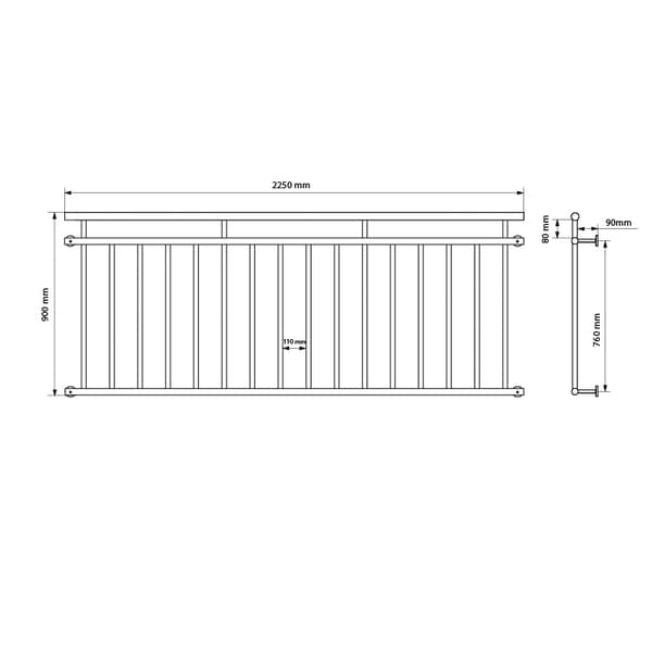 Fransk altan sprosser baluster rækværk 225 x 90 cm Sort