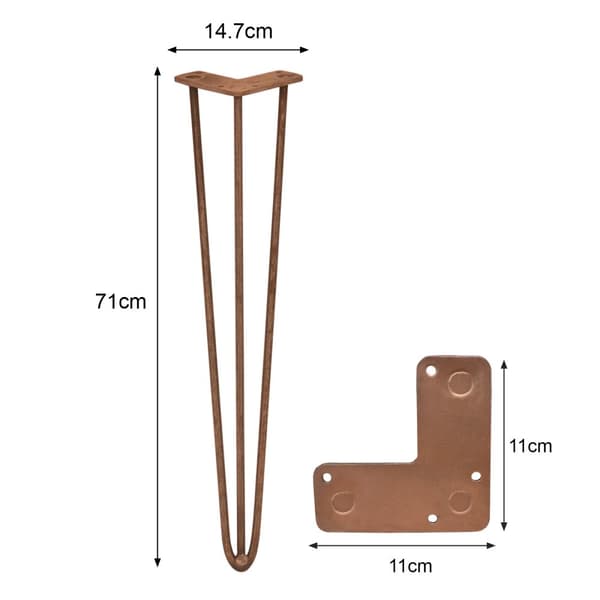 4 x 71 cm Hårnålben (Hairpin) SkiSki Legs™ kobber, bordben / stolben, 3 stænger á 12 mm & gulvbeskytter