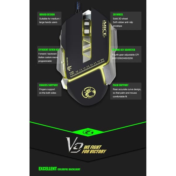 iMICE V9 Hög Precision Gamingmus USB 7knappar 4000 DPI