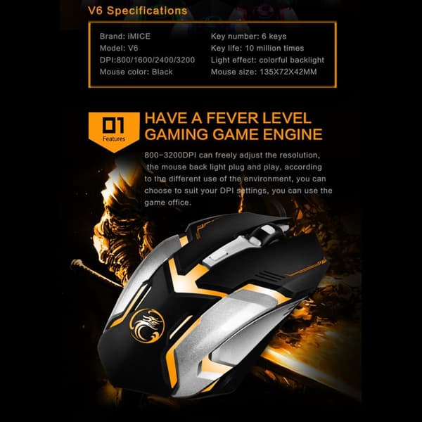 iMICE V6 Hög Precision Gamingmus USB 6knappar 3200 DPI Svart