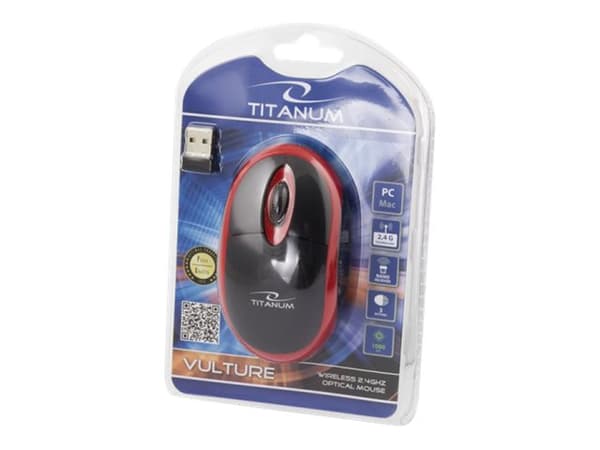 Titanum VULTURE - Mus - optisk - 3 knappar - trådlös - 2.4 GHz - trådlös USB-mottagare - röd Svart, Röd