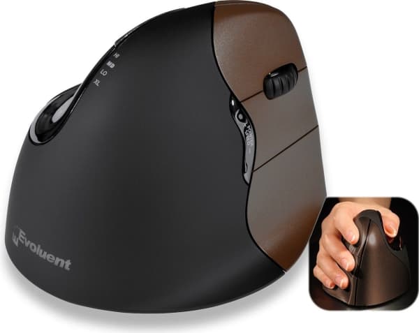 Evoluent VerticalMouse 4 Small Wireless, Høyre hendt, Vertikalt design, Optisk, RF kabel-fri, Sort, Brun