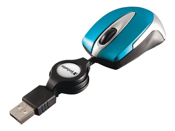 Verbatim Go Mini, Molempikätinen, Optinen, USB A-tyyppi, 1000 DPI, Sininen, Hopea