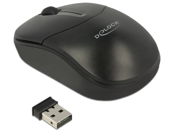 Delock - Mus - höger- och vänsterhänta - optisk - 3 knappar - trådlös - 2.4 GHz - trådlös USB-mottagare - svart - detaljhandel