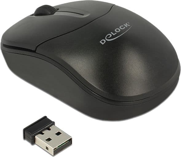 Delock - Mus - höger- och vänsterhänta - optisk - 3 knappar - trådlös - 2.4 GHz - trådlös USB-mottagare - svart - detaljhandel