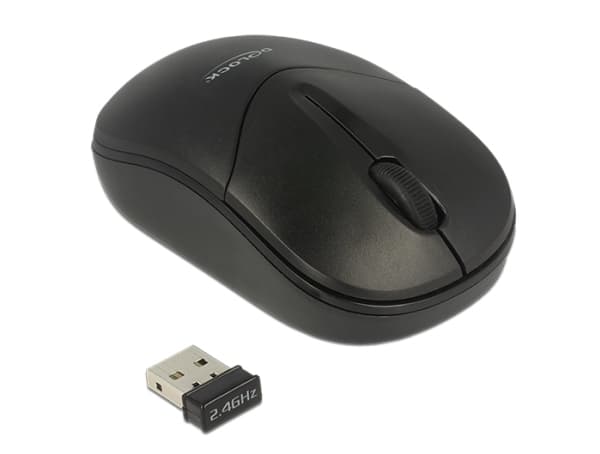 Delock - Mus - höger- och vänsterhänta - optisk - 3 knappar - trådlös - 2.4 GHz - trådlös USB-mottagare - svart - detaljhandel