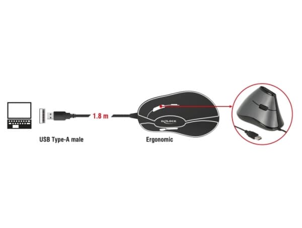 Delock - Vertikal mus - ergonomisk - høyrehendt - optisk - 5 knapper - kablet - USB - grå, svart - løsvekt