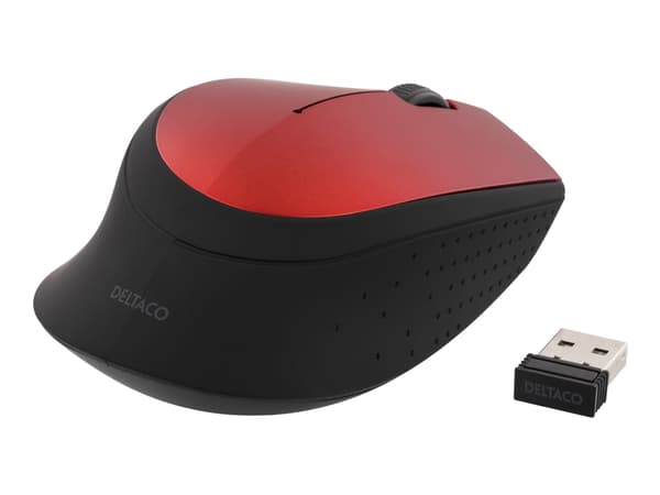 DELTACO MS-462 - Mus - optisk - 3 knapper - trådløs - 2.4 GHz - USB trådløs mottaker - rød