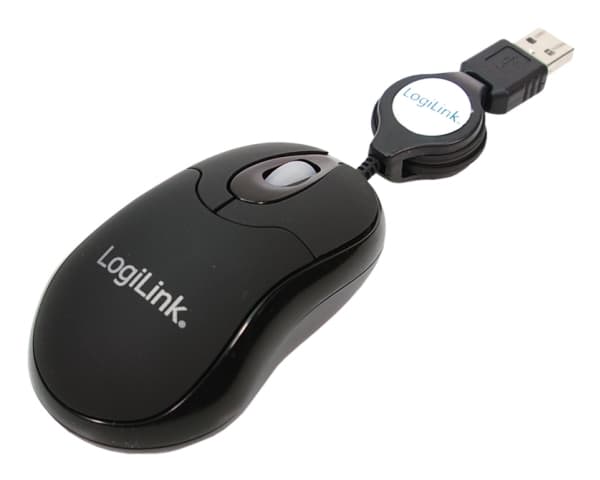 LogiLink Mini with retractable cable - Mus - höger- och vänsterhänta - optisk - 3 knappar - kabelansluten - USB