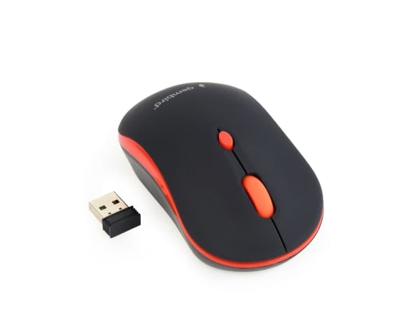 Gembird WIRELESS OPTICAL MOUSE MUSW-4B-03-R 1600DP - Maus, Molempikätinen, Optinen, Langaton RF, 1600 DPI, Musta, Punainen