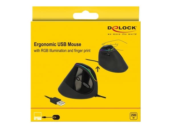 Delock Ergonomic - Vertikal mus - ergonomisk - högerhänt - optisk - 6 knappar - kabelansluten - USB 2.0 - svart - detaljhandel