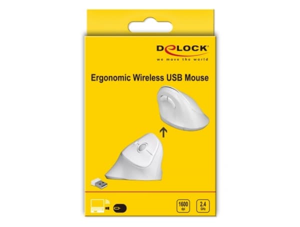 Delock Ergonomic - Vertikal mus - ergonomisk - högerhänt - optisk - 6 knappar - trådlös - 2.4 GHz - trådlös USB-mottagare - vit - detaljhandel