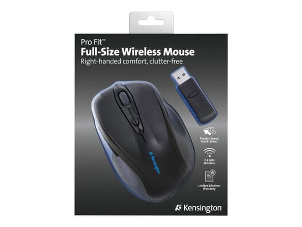 Kensington Pro Fit Full-Size - Mus - høyrehendt - optisk - 6 knapper - trådløs - 2.4 GHz - USB trådløs mottaker - svart