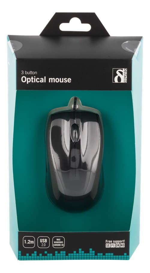 DELTACO optisk mus, 1200 DPI, 125 Hz, 3 knappar med scroll, USB