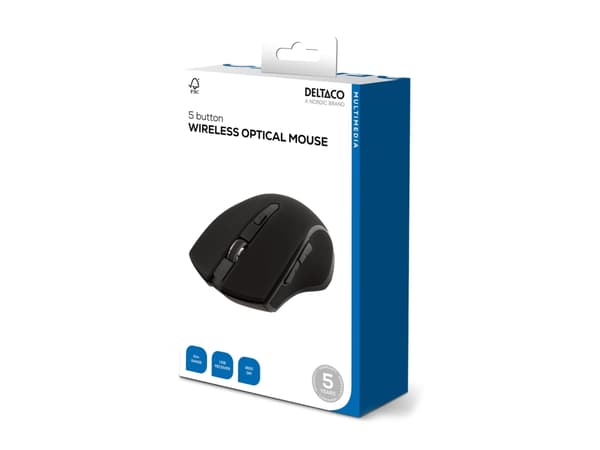 DELTACO MS-763 - Mus - optisk - 5 knapper - trådløs - USB trådløs mottaker - svart