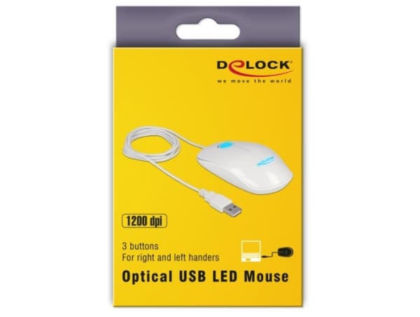DeLOCK 12537, Molempikätinen, Optinen, USB A-tyyppi, 1200 DPI, Valkoinen