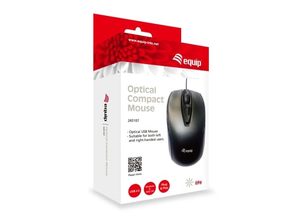 Equip 245107, Molempikätinen, Optinen, USB A-tyyppi, 1000 DPI, Musta