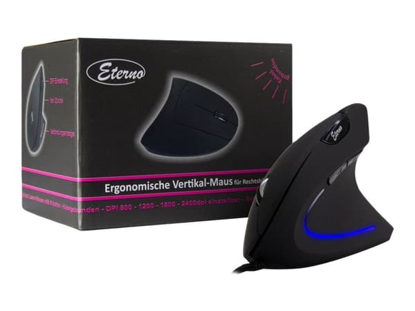 Inter-Tech Eterno KM-206WR - Vertikal - vertikal mus - ergonomisk - høyrehendt - optisk - 6 knapper - kablet - USB 2.0 - løsvekt Sort, Blå