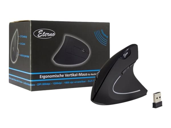 Eterno KM-206R - Vertikal mus - ergonomisk - högerhänt - 6 knappar - trådlös - 2.4 GHz - trådlös USB-mottagare Svart