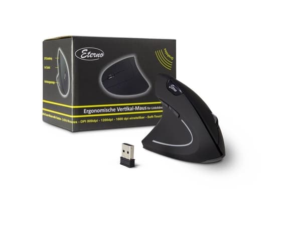 Eterno KM-206L - Vertikal mus - ergonomisk - vänsterhänt - 6 knappar - trådlös - 2.4 GHz - trådlös USB-mottagare