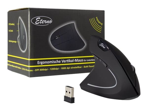 Eterno KM-206L - Vertikal mus - ergonomisk - vänsterhänt - 6 knappar - trådlös - 2.4 GHz - trådlös USB-mottagare