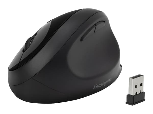 Kensington Pro Fit Ergo Wireless Mouse - Mus - ergonomisk - 5 knapper - trådløs - 2.4 GHz, Bluetooth 4.0 LE - USB trådløs mottaker - svart - løsvekt