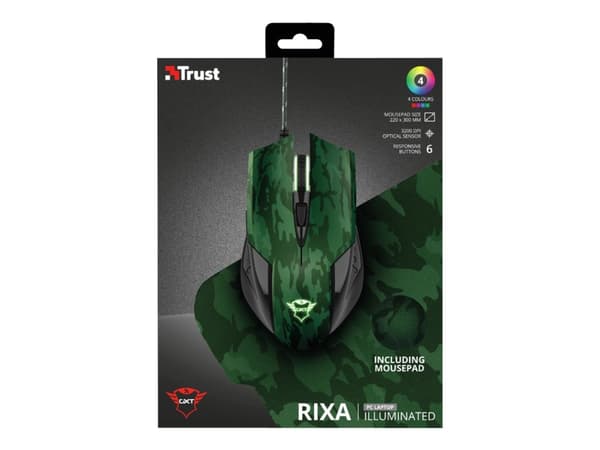 Trust Gaming GXT 781 Rixa - Mus - höger- och vänsterhänta - optisk - 6 knappar - kabelansluten - USB - kamouflagefärgad