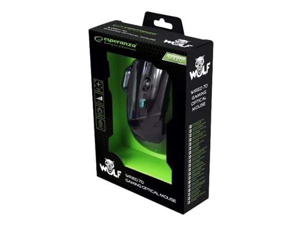 Esperanza MX201 WOLF - Mus - högerhänt - optisk - 7 knappar - kabelansluten - USB - blå Svart, Blå