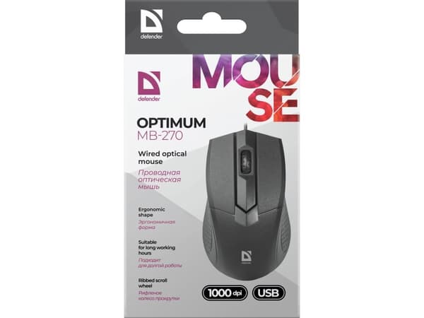 Defender Optimum MB-270, Oikeakätinen, Optinen, USB A-tyyppi, 1000 DPI, Musta