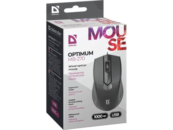 Defender Optimum MB-270, Oikeakätinen, Optinen, USB A-tyyppi, 1000 DPI, Musta