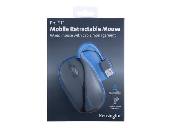 Kensington Pro Fit Retractable Mobile - Mus - optisk - 3 knappar - kabelansluten - USB - svart