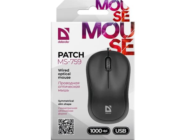 Defender PATCH MS-759, Ambidextrous, Optisk, USB Type-A, 1000 DPI, Svart