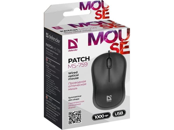 Defender PATCH MS-759, Ambidextrous, Optisk, USB Type-A, 1000 DPI, Svart
