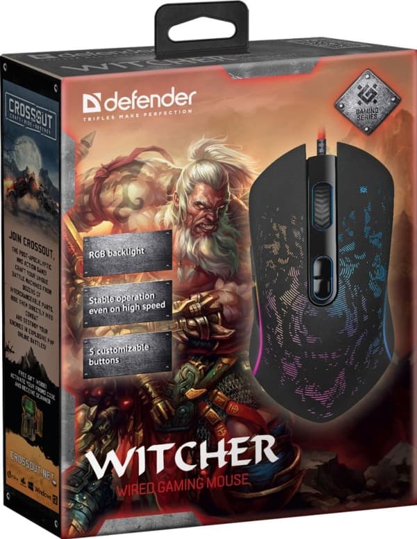 "defender mouse witcher gm-990, 3200dpi, optisk, 7 but., med usb-kabel, svart, gaming, rgb