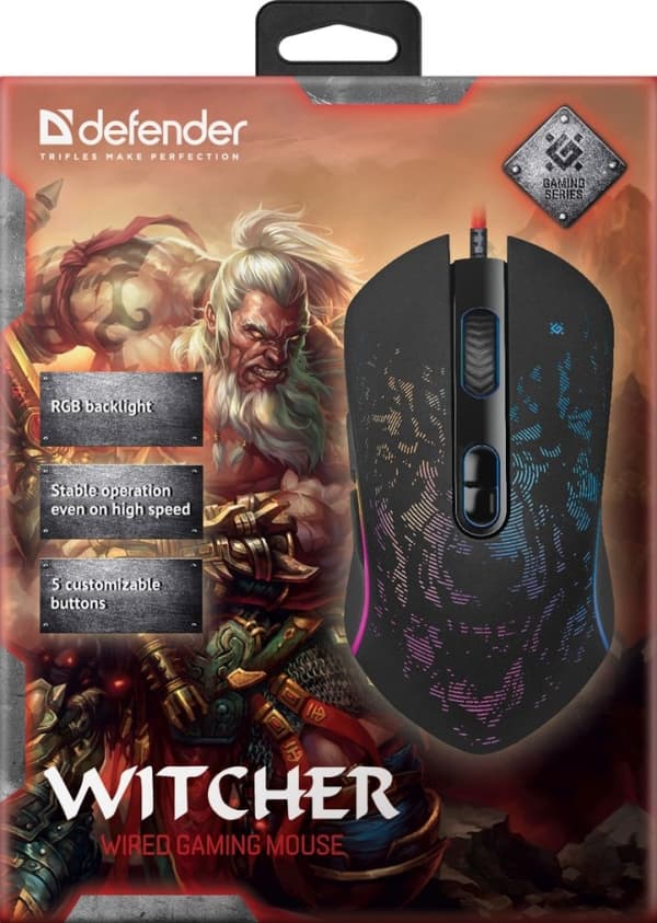 "defender mouse witcher gm-990, 3200dpi, optisk, 7 but., med usb-kabel, svart, gaming, rgb