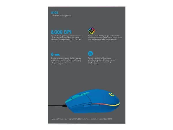 Logitech Gaming Mouse G102 LIGHTSYNC - Mus - høyrehendt - optisk - 6 knapper - kablet - USB - blå
