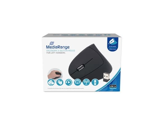 MediaRange - Vertikal mus - ergonomisk - venstrehendt - optisk - 6 knapper - trådløs - 2.4 GHz - USB trådløs mottaker - svart