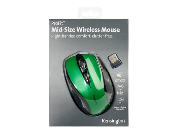 Kensington Pro Fit Mid-Size - Mus - høyrehendt - optisk - trådløs - 2.4 GHz - USB trådløs mottaker - smaragdgrønn
