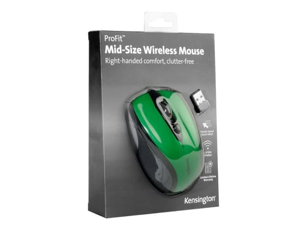 Kensington Pro Fit Mid-Size - Mus - høyrehendt - optisk - trådløs - 2.4 GHz - USB trådløs mottaker - smaragdgrønn Grønn
