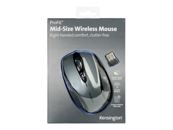 Kensington Pro Fit Mid-Size - Mus - høyrehendt - optisk - 5 knapper - trådløs - 2.4 GHz - USB trådløs mottaker - grafittgrå