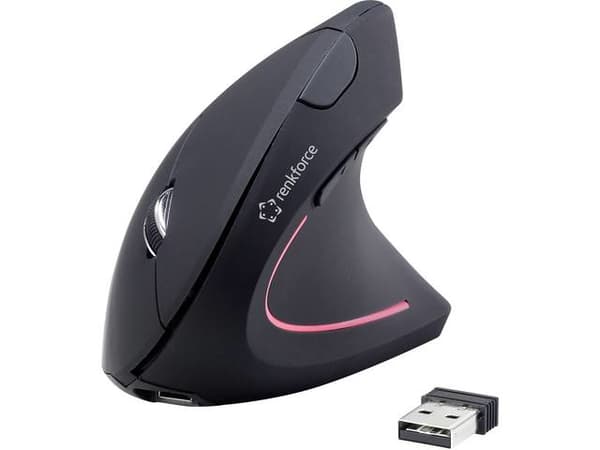 Renkforce RF-WM-322, högerhand, Vertikal design, Optisk, RF Trådlös, 1600 DPI, Svart
