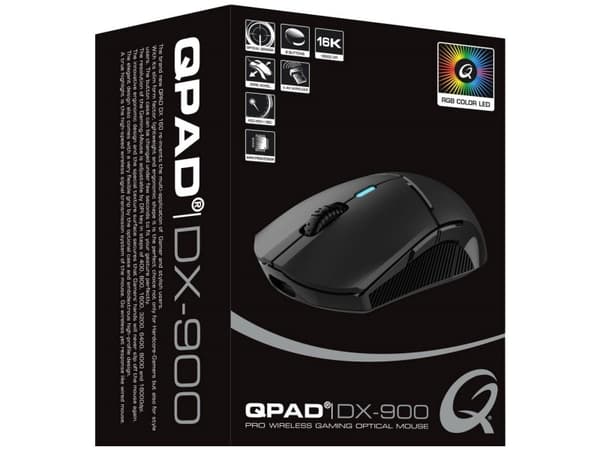 QPAD DX900, Ambidextrous, Vertikal design, Optisk, RF Wireless + USB Type-C, 16000 DPI, Svart