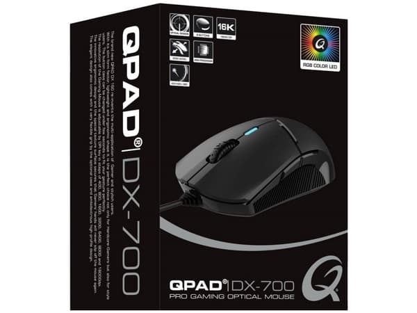 QPAD DX700, Ambidextrous, Vertikal design, Optisk, USB Type-A, 16000 DPI, Svart