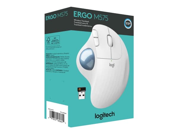 Logitech Ergo M575, Oikeakätinen, Trackball, RF Wireless + Bluetooth, 2000 DPI, Valkoinen