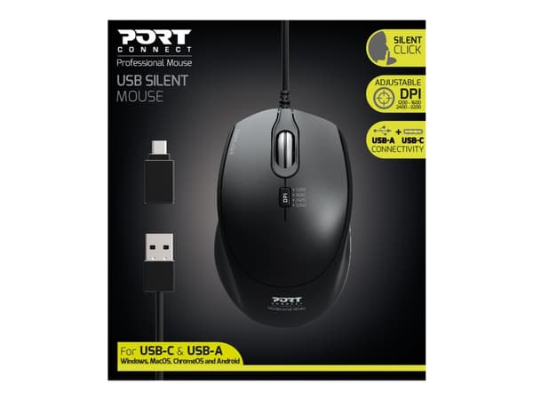 PORT Connect Professional SILENT - Mus - höger- och vänsterhänta - optisk - 3 knappar - kabelansluten - USB, USB-C - svart