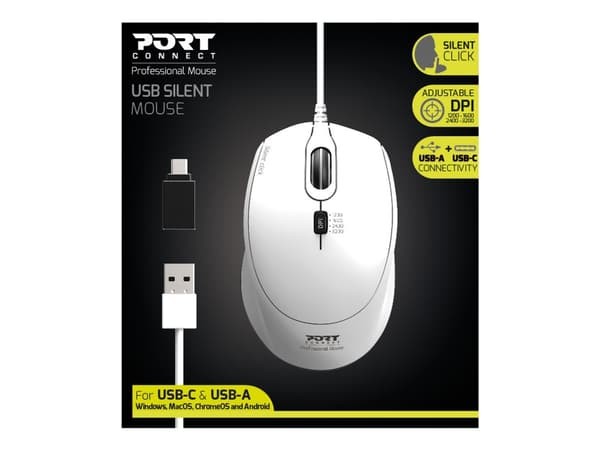 PORT Connect SILENT - Mus - optisk - 3 knappar - kabelansluten - USB, USB-C - vit
