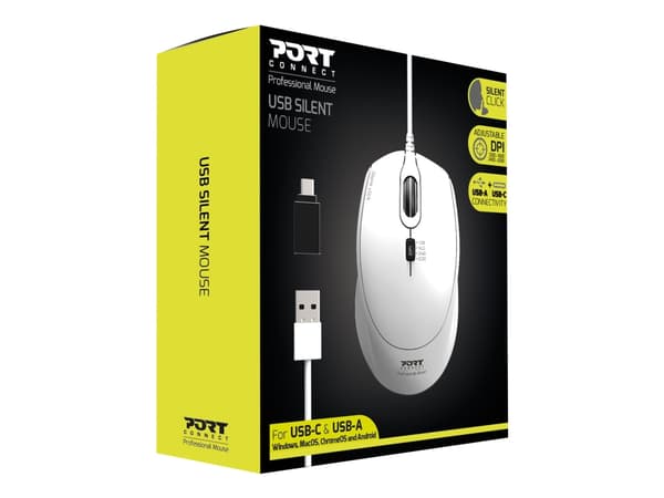 PORT Connect SILENT - Mus - optisk - 3 knappar - kabelansluten - USB, USB-C - vit